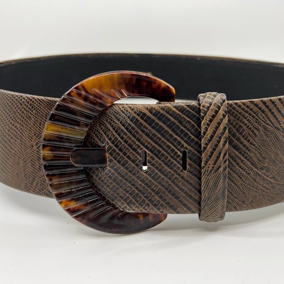 Vintage XL Suzi Roher Brown Embossed Leather Belt with  Faux Tortoise Buckle main image 4